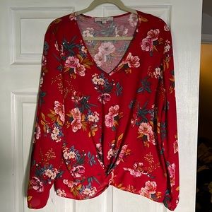 LOFT Red Floral Mixed Media Long Sleeve Soft V Neck Tie Front Blouse Top
